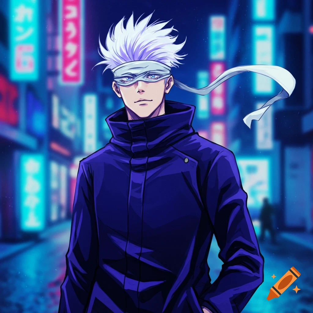 Anime character Gojo in a night city street.