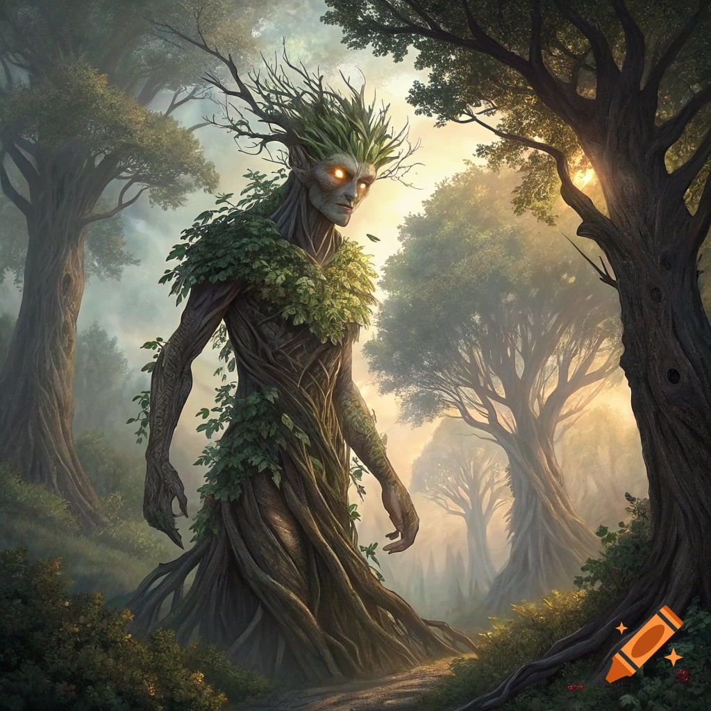 A tree spirit creature with glowing eyes stands in a mystical forest.