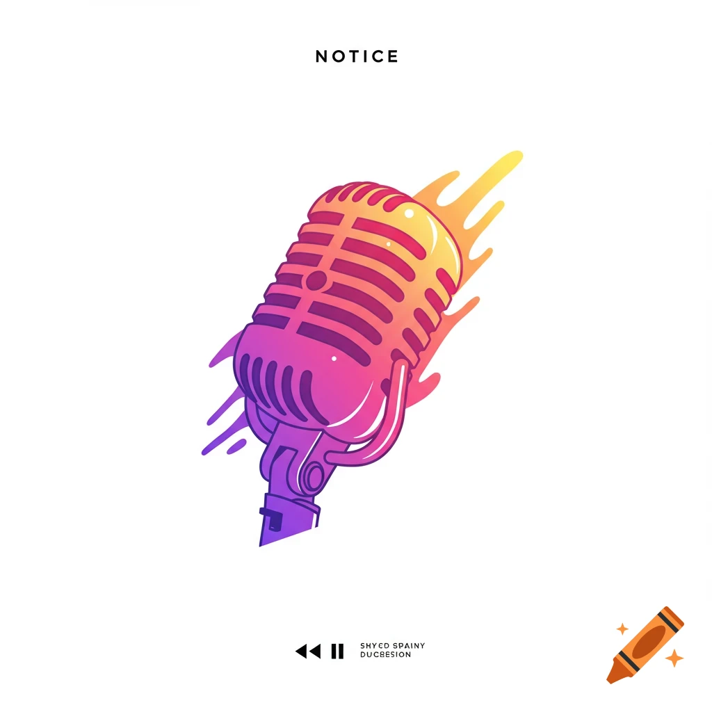 A colorful vector graphic of a vintage microphone with glowing effects on a white background. The word NOTICE is at the top.