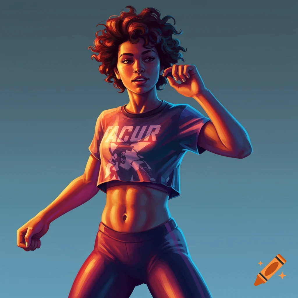 An athletic woman in a crop top and leggings strikes a dynamic pose under dramatic lighting.