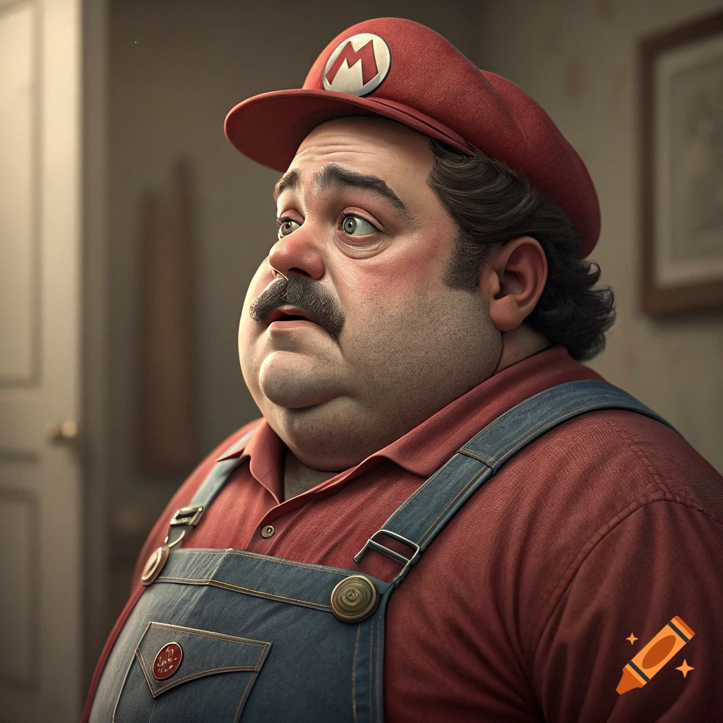 A realistic portrait of a man resembling Mario, looking up and left.