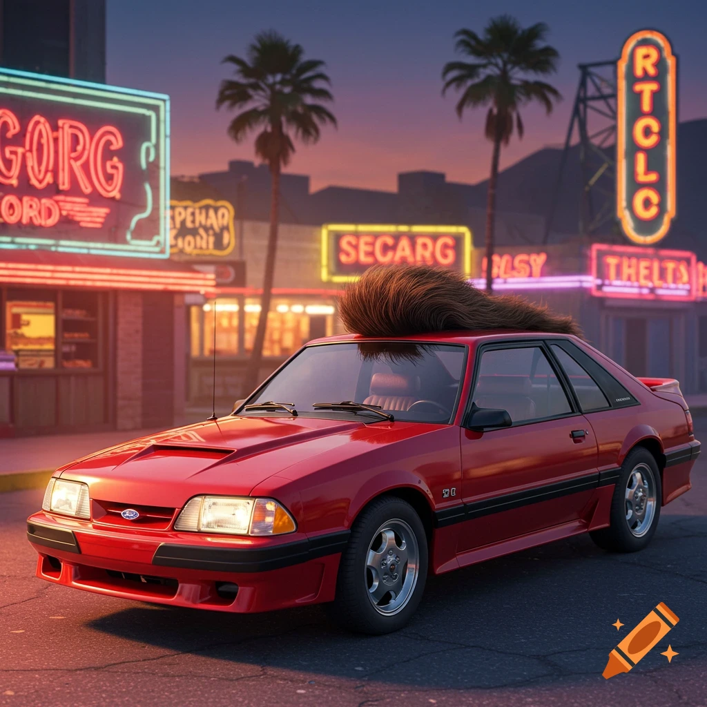 A red 1989 Ford Mustang with a brown mullet on its roof is parked on a street at sunset with neon signs in the background.