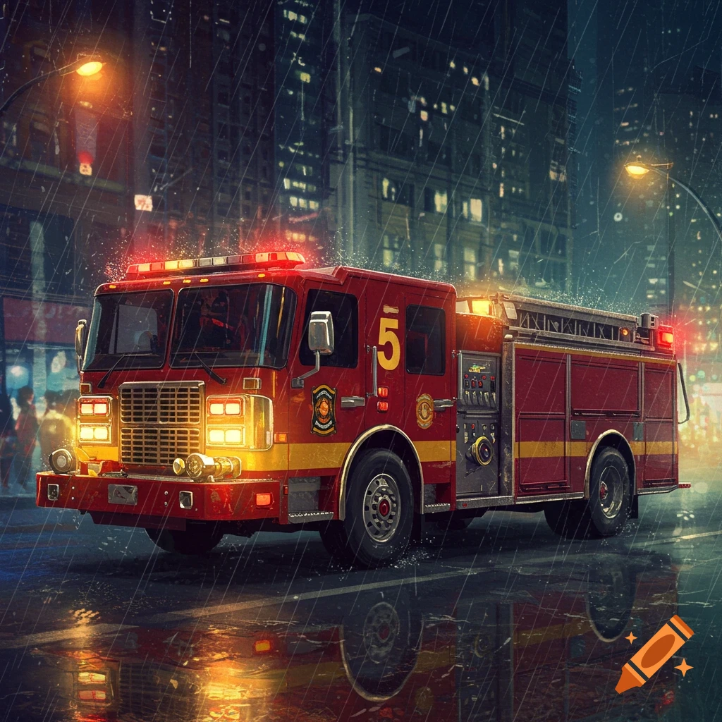 A red fire truck with a gold '5' on its side sits on a wet city street in the rain at night.