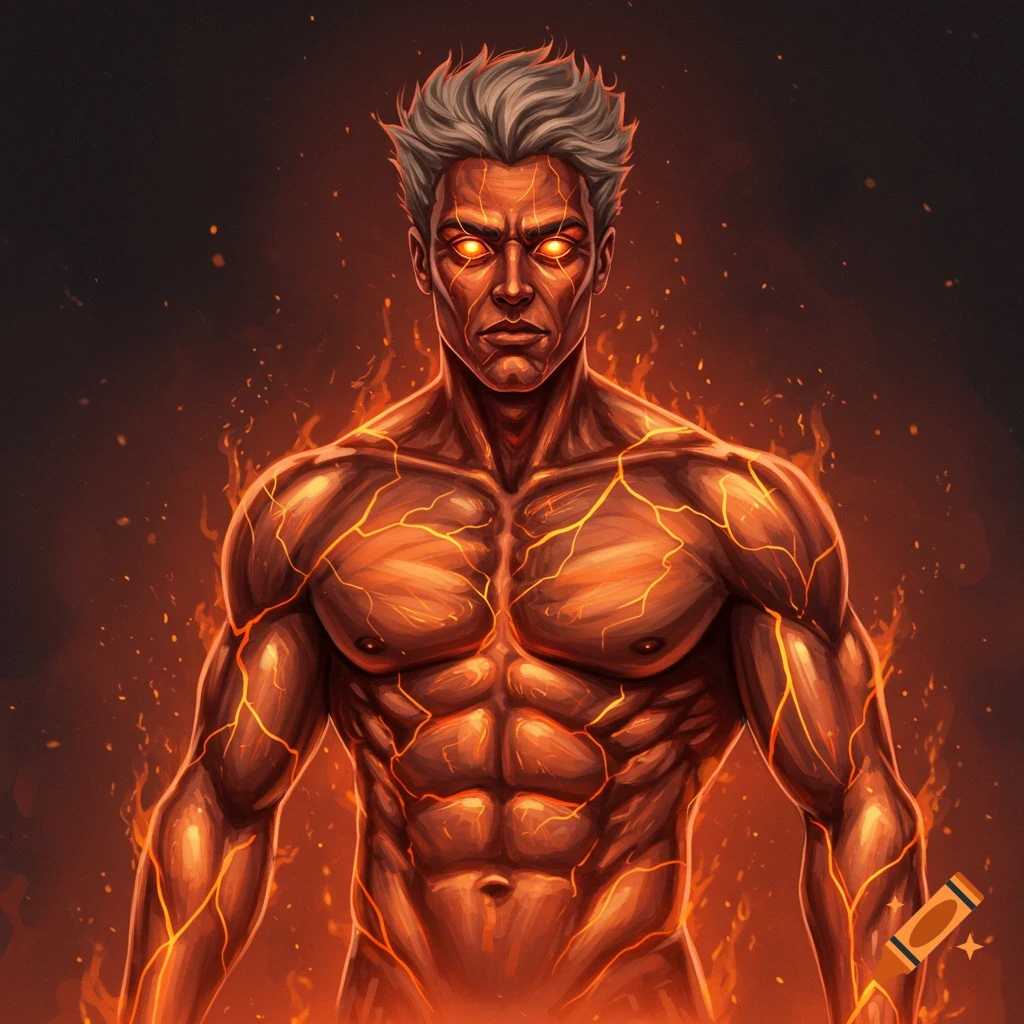 A muscular man engulfed in fire with glowing cracks.
