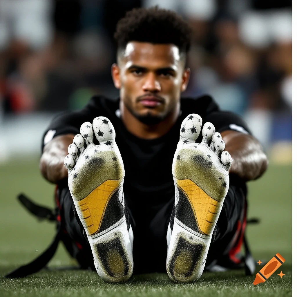 Soccer player sits on grass showing soles of feet with patterned coverings.