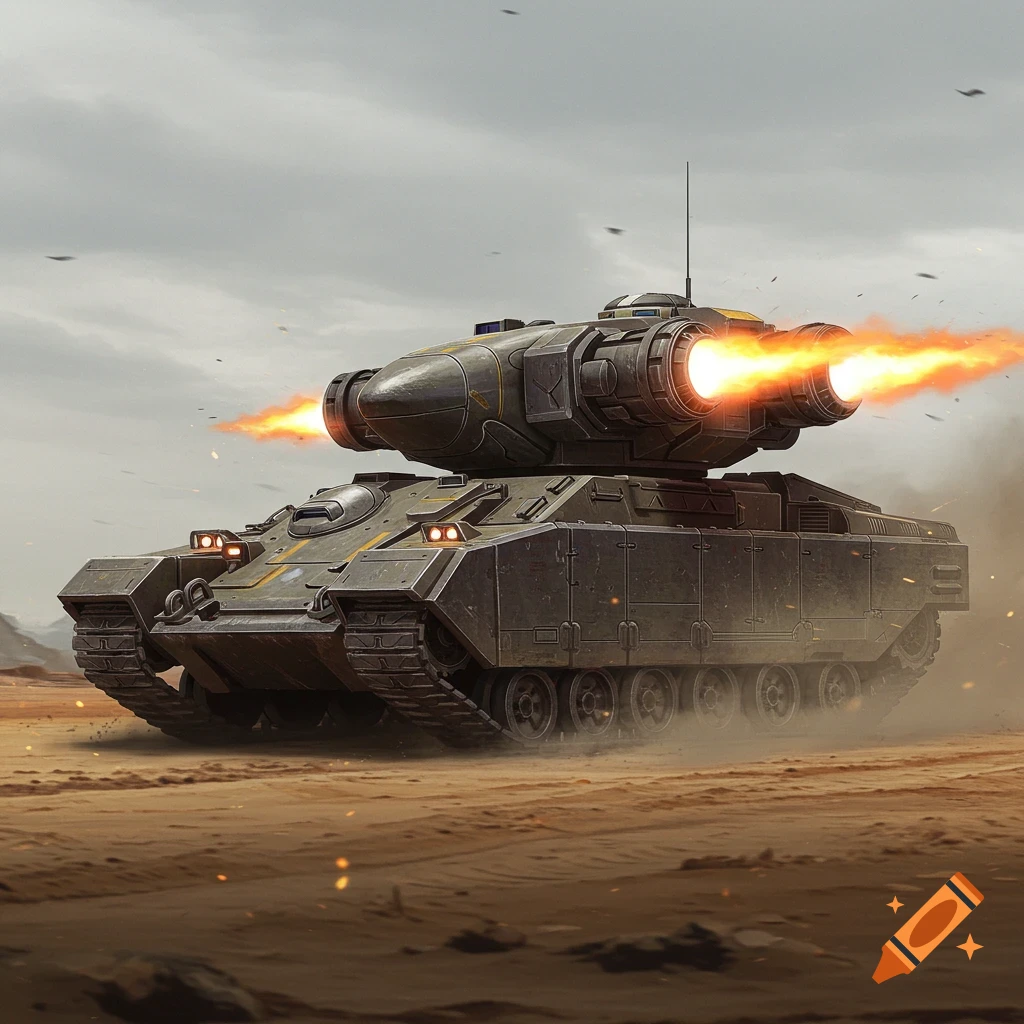 A futuristic rocket-powered military tank firing in a desert