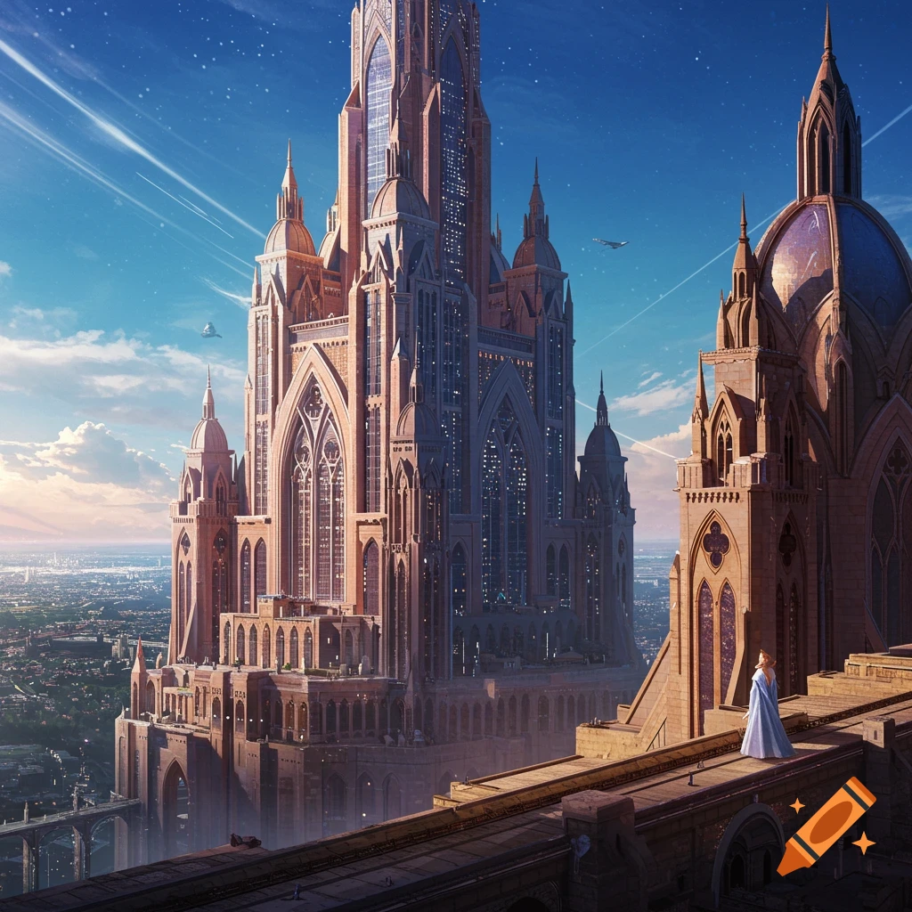 A vast futuristic castle-like skyscraper overlooks a city, with a person standing on a walkway.