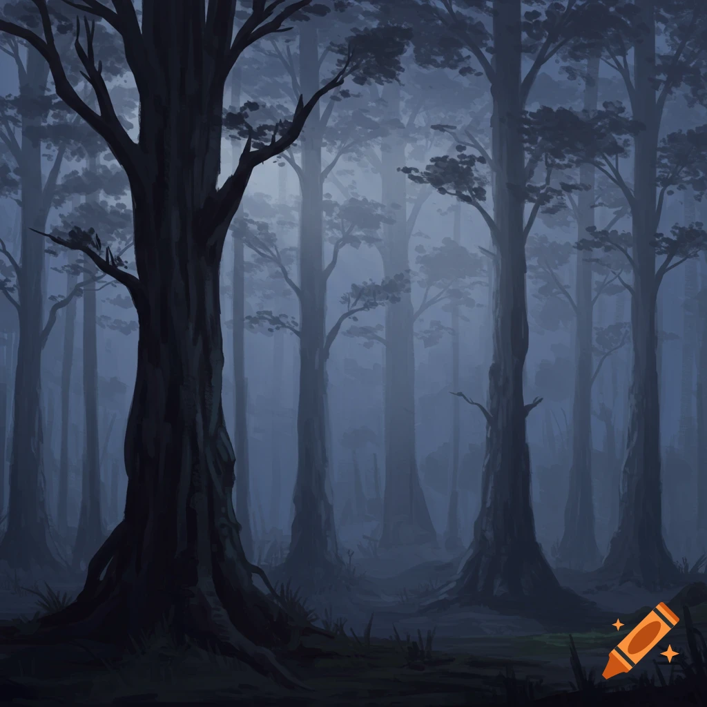 A dark, foggy forest with tall trees.