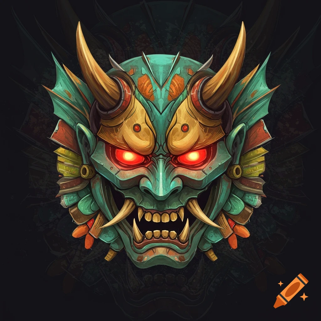 Stylized illustration of a teal and gold fantasy mask with horns, sharp teeth, and glowing red eyes.