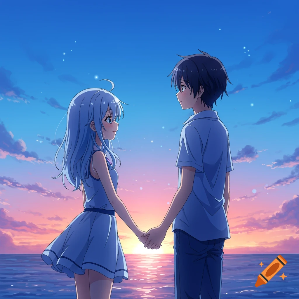 Anime couple holding hands at sunset on the beach.