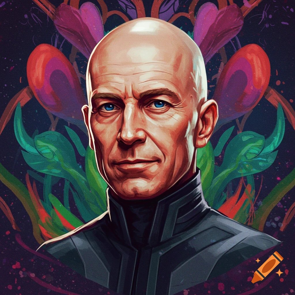 A bald man (Charles Xavier) in a futuristic suit with blue eyes is depicted against a colorful abstract background.