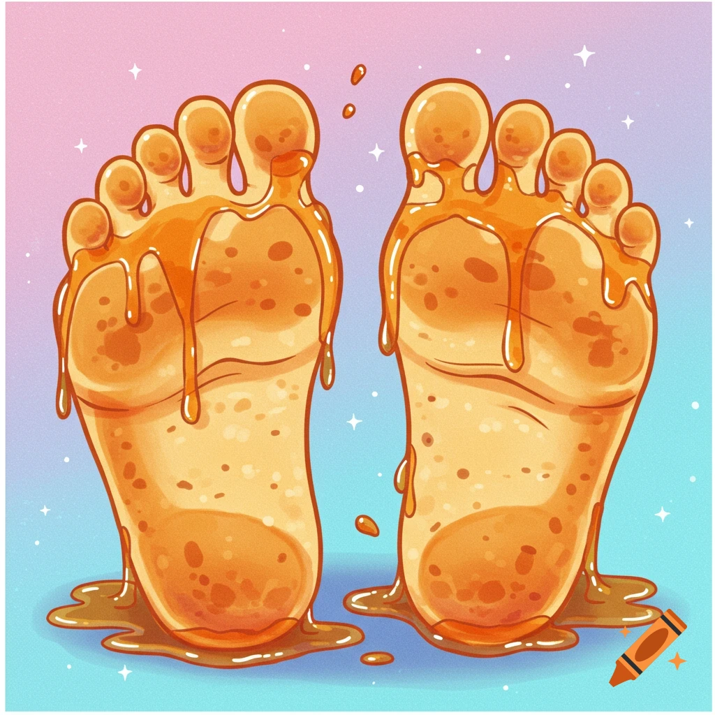 Two stylized cartoon feet covered in pancake batter and syrup.
