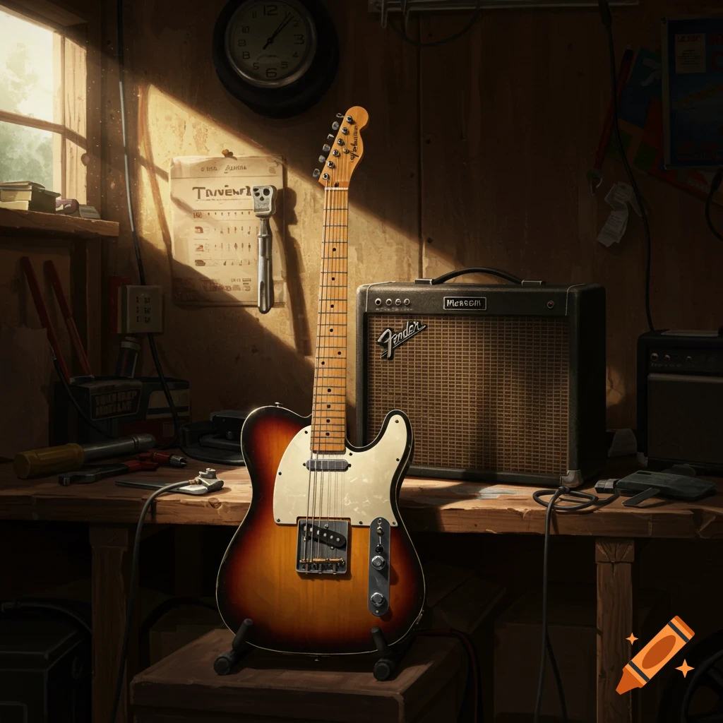 A sunlit telecaster-style guitar and amplifier on a workbench in a garage.