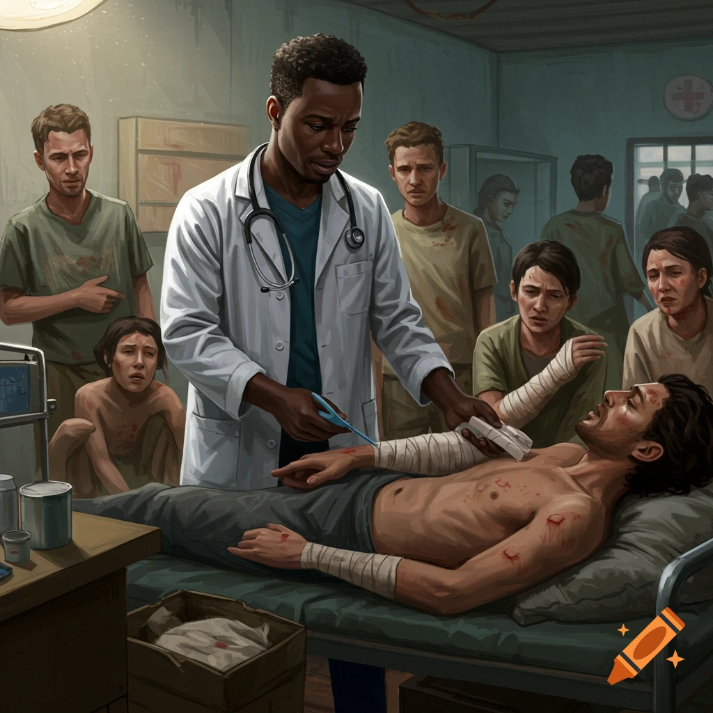 Image of a Black doctor treating an injured white patient in a crowded medical facility.