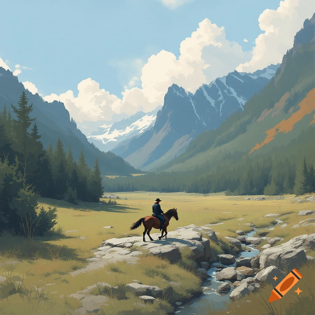 A person on a horse in a mountain valley with a stream.