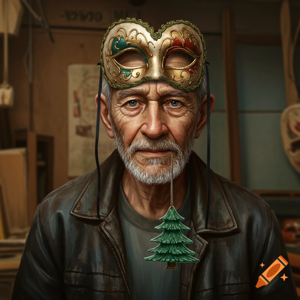 Old man with a mask on his forehead, holding a small Christmas tree in his mouth.