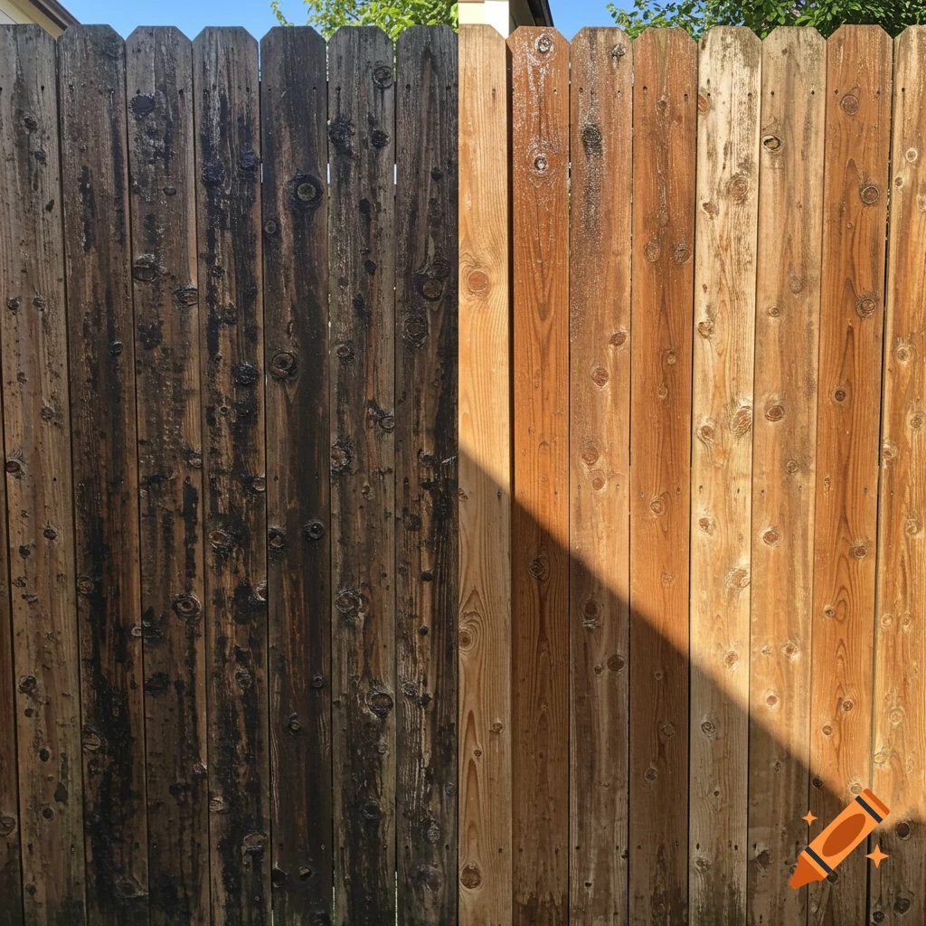 Wooden fence before and after cleaning