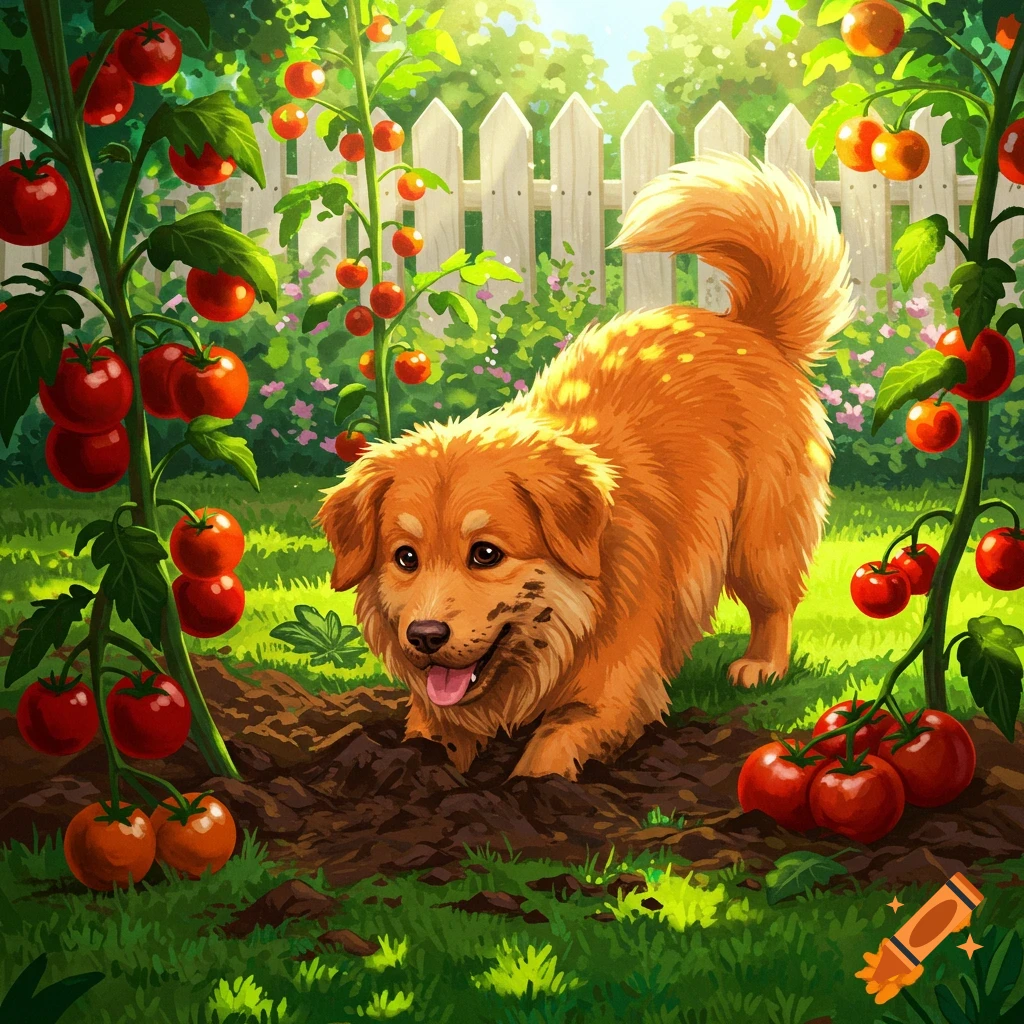 A golden dog happily digging in a garden surrounded by tomato plants.