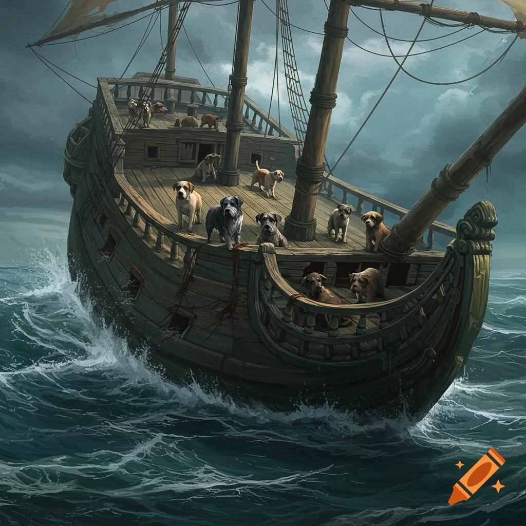 Many dogs are on the deck of an old wooden ship sailing on rough seas under a dark sky.