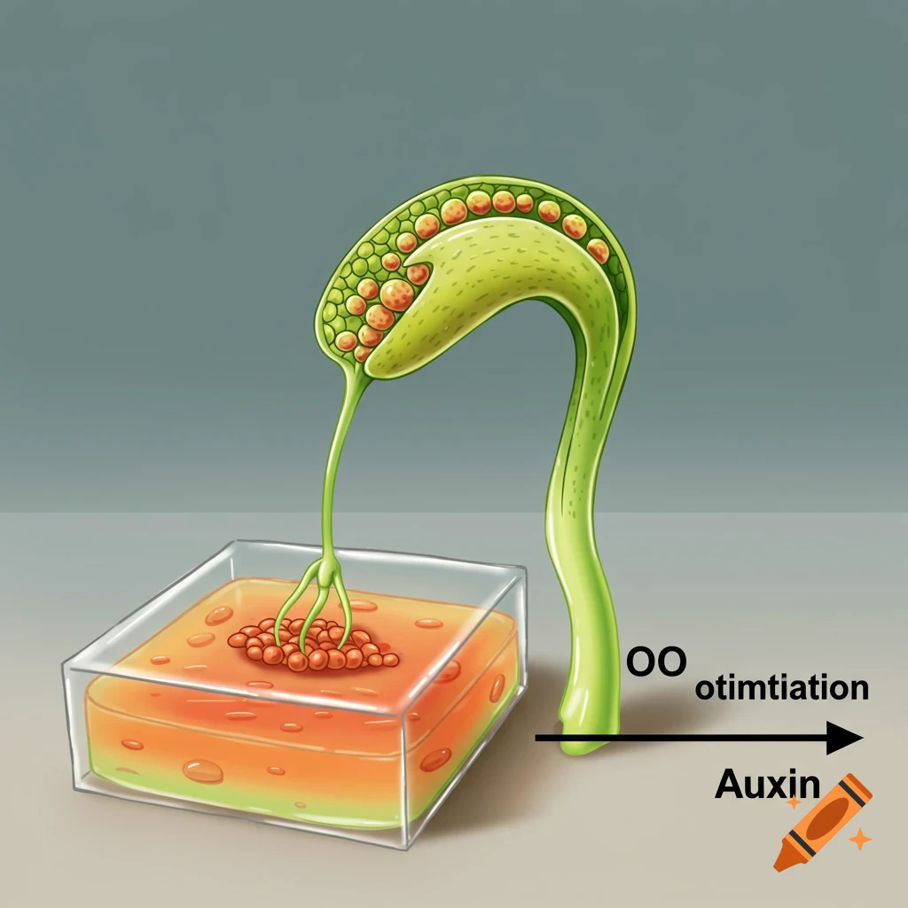 Plant coleoptile curving away from auxin agar block.