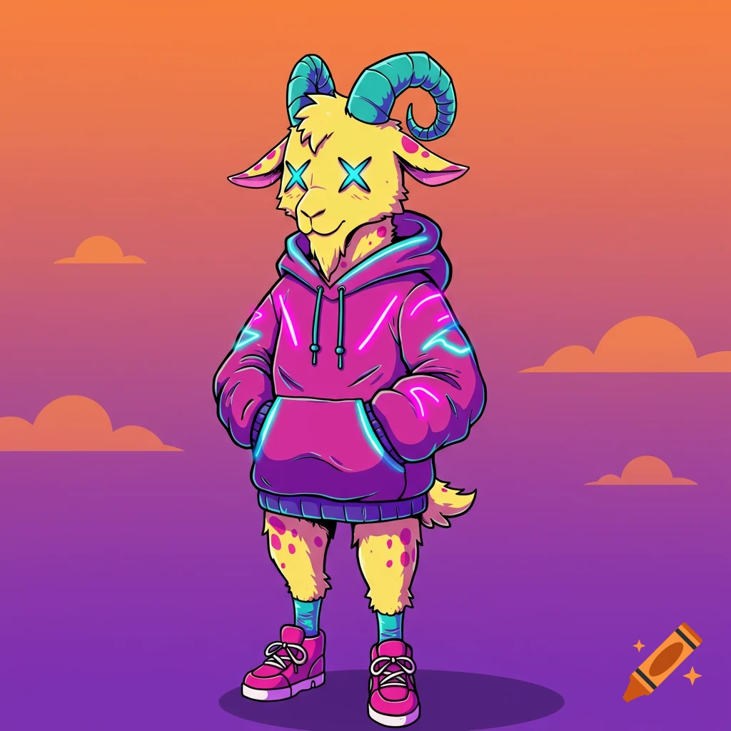 Colorful cartoon goat with X eyes, wearing a pink hoodie and sneakers.