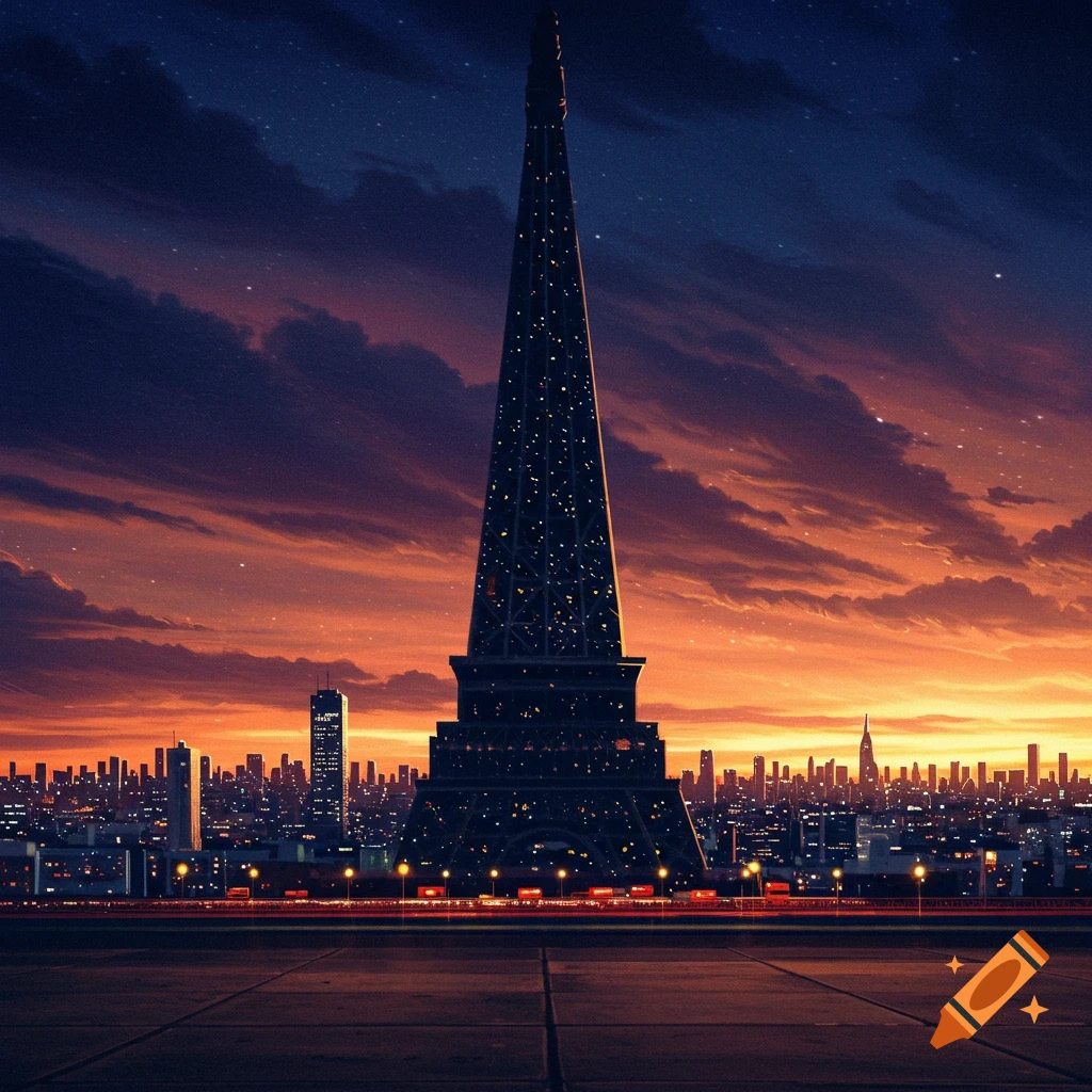 The Eiffel Tower and a city skyline at sunset with scattered stars.
