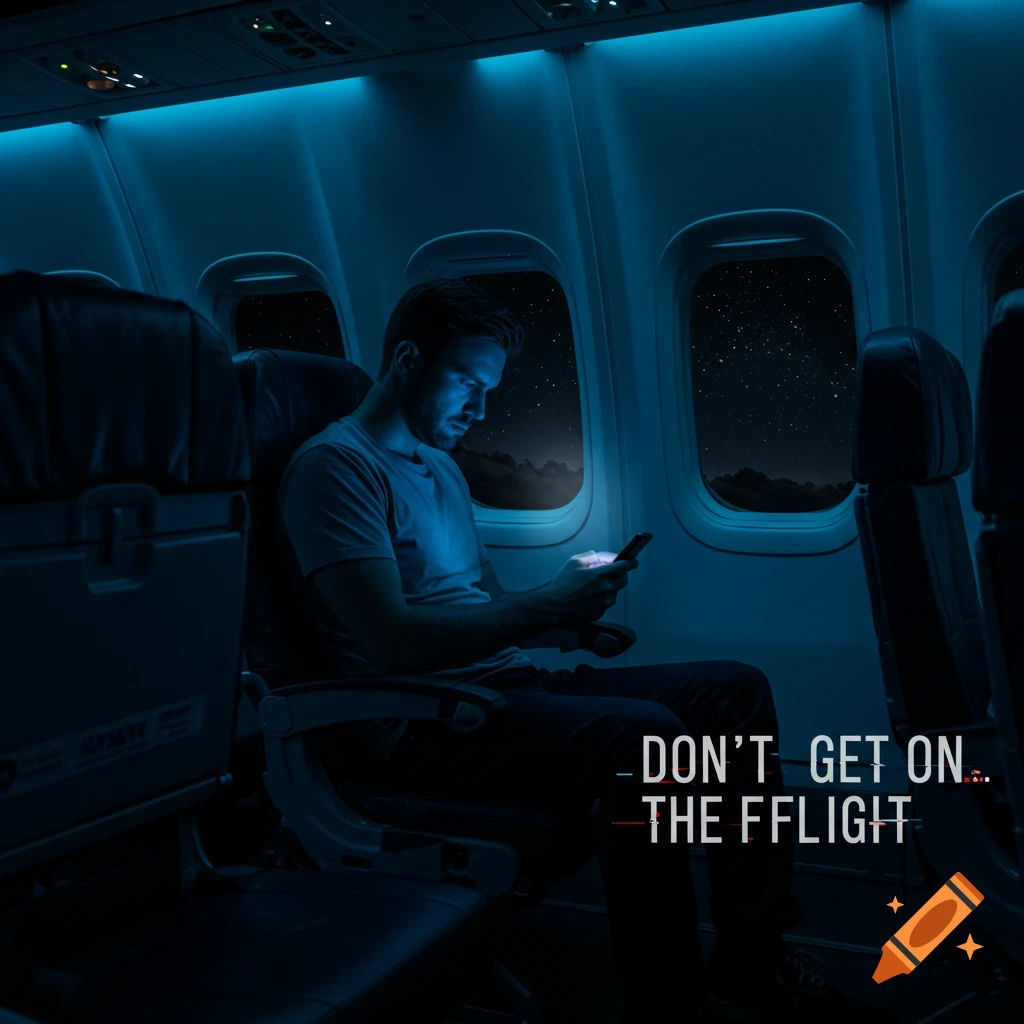 Man on airplane at night looking at phone, stars visible outside windows. Text 'Don't Get On The Fflight'.