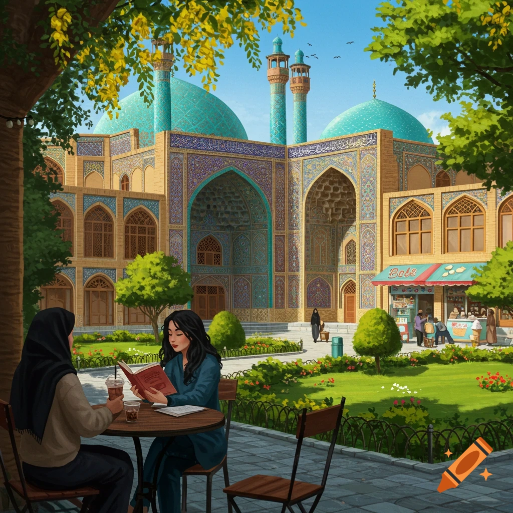 Two women sit at a cafe table outside a large ornate building with domes and minarets, surrounded by gardens.