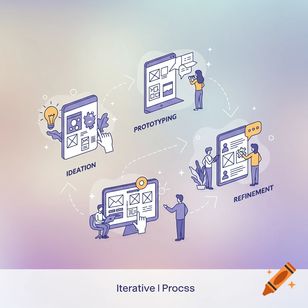 Illustration of an iterative design process with ideation, prototyping, and refinement stages.