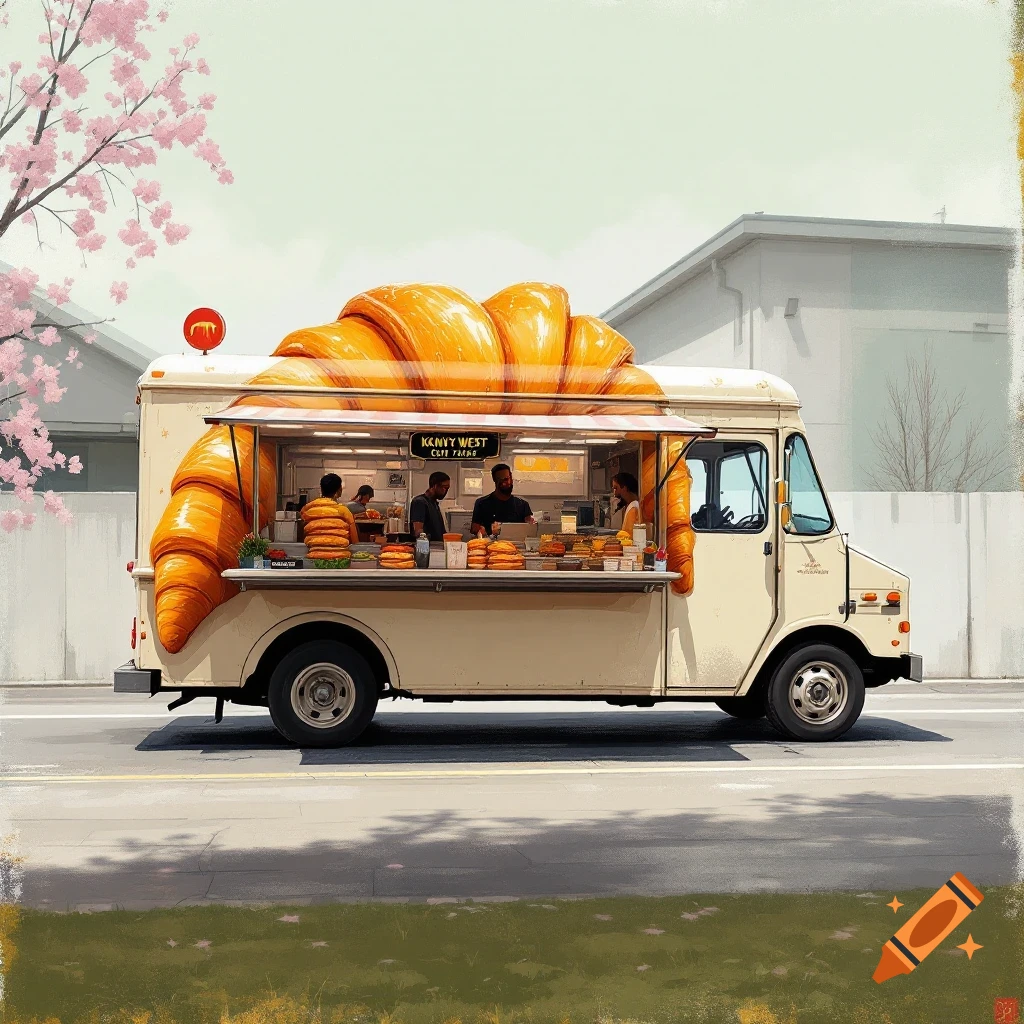 A croissant food truck is parked on a street lined with cherry blossoms.