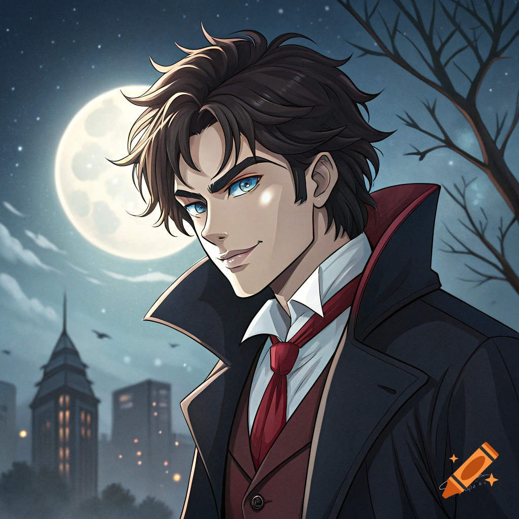 Anime portrait of a man in a suit against a night city skyline with a large moon.