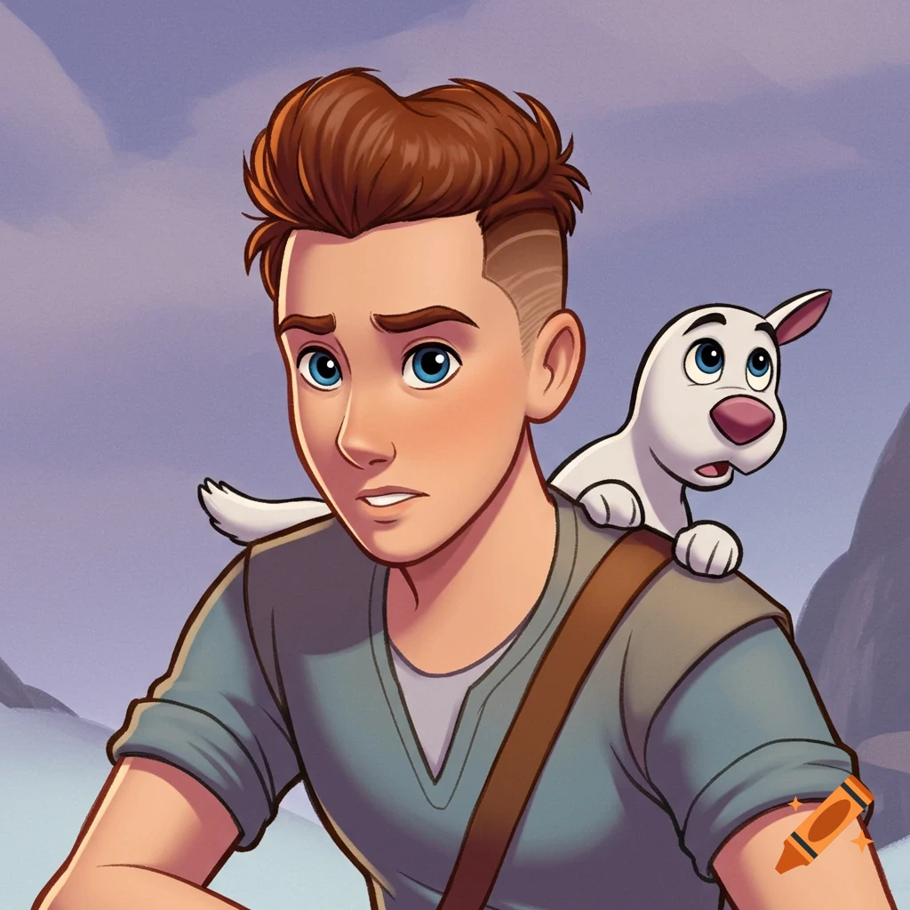 Cartoon illustration of a boy with a textured haircut carrying a white dog on his shoulder against a hazy landscape.