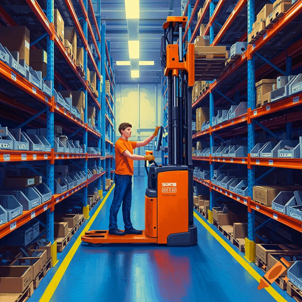 A worker is using a forklift to pick parts from shelves in a warehouse aisle.