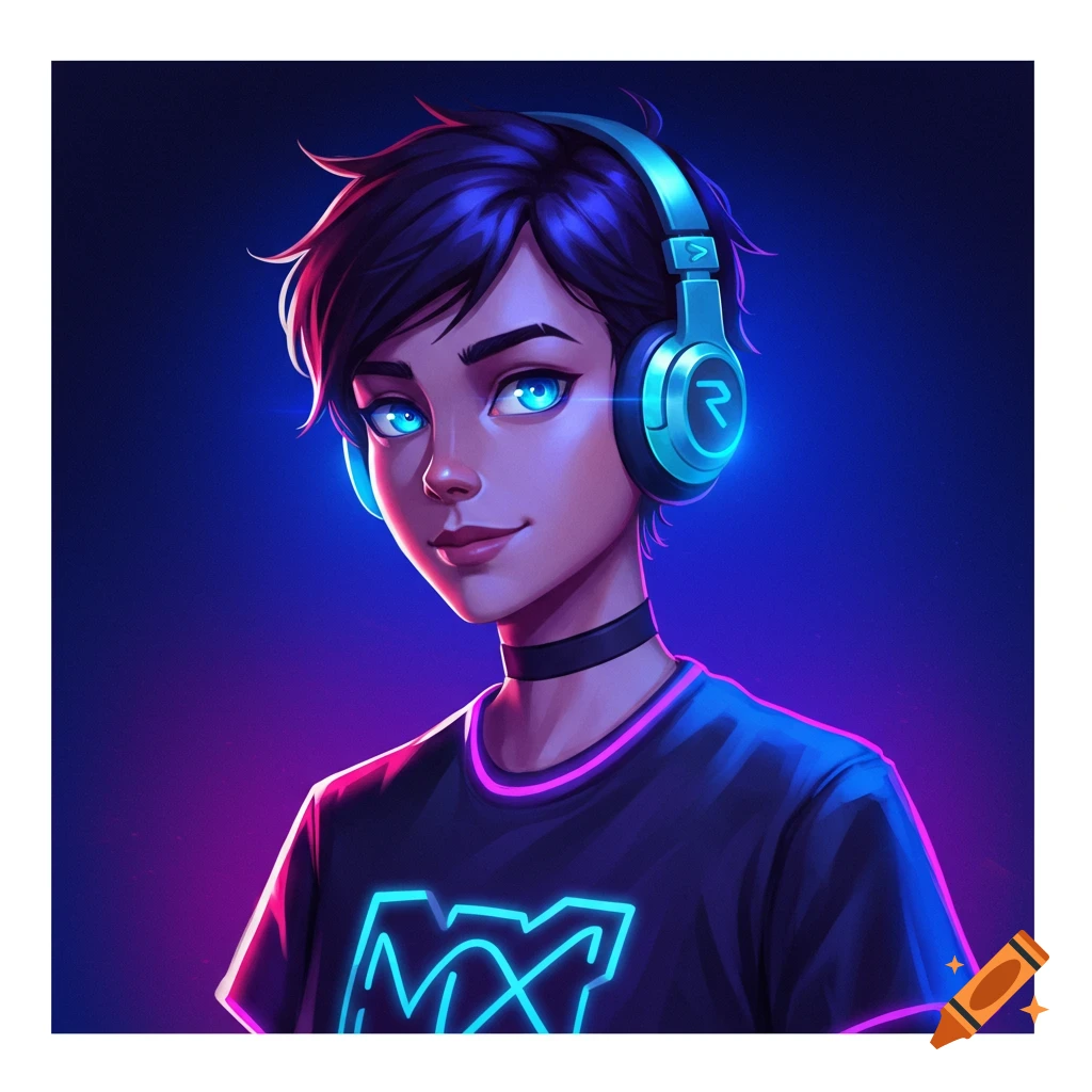 A person with headphones wearing a neon shirt