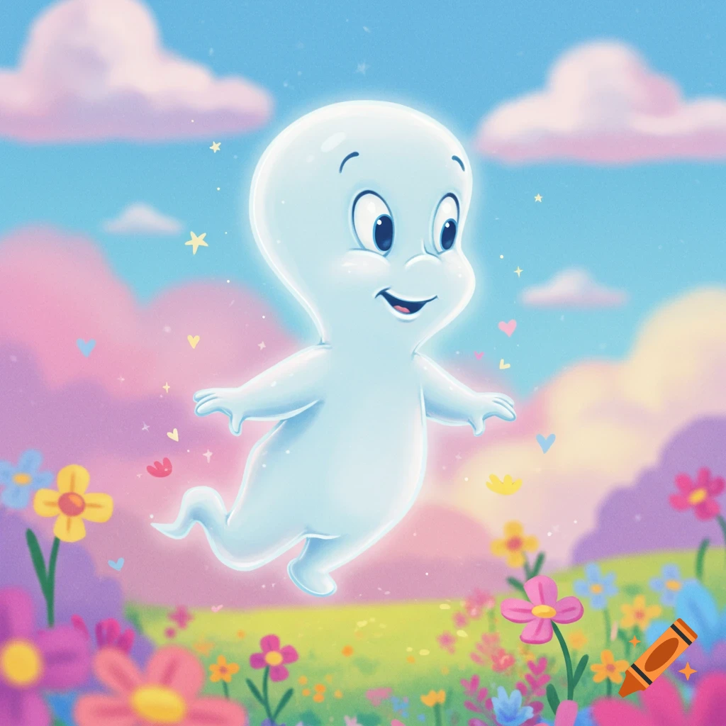 A friendly cartoon ghost floats among colorful flowers under a pastel sky with clouds.