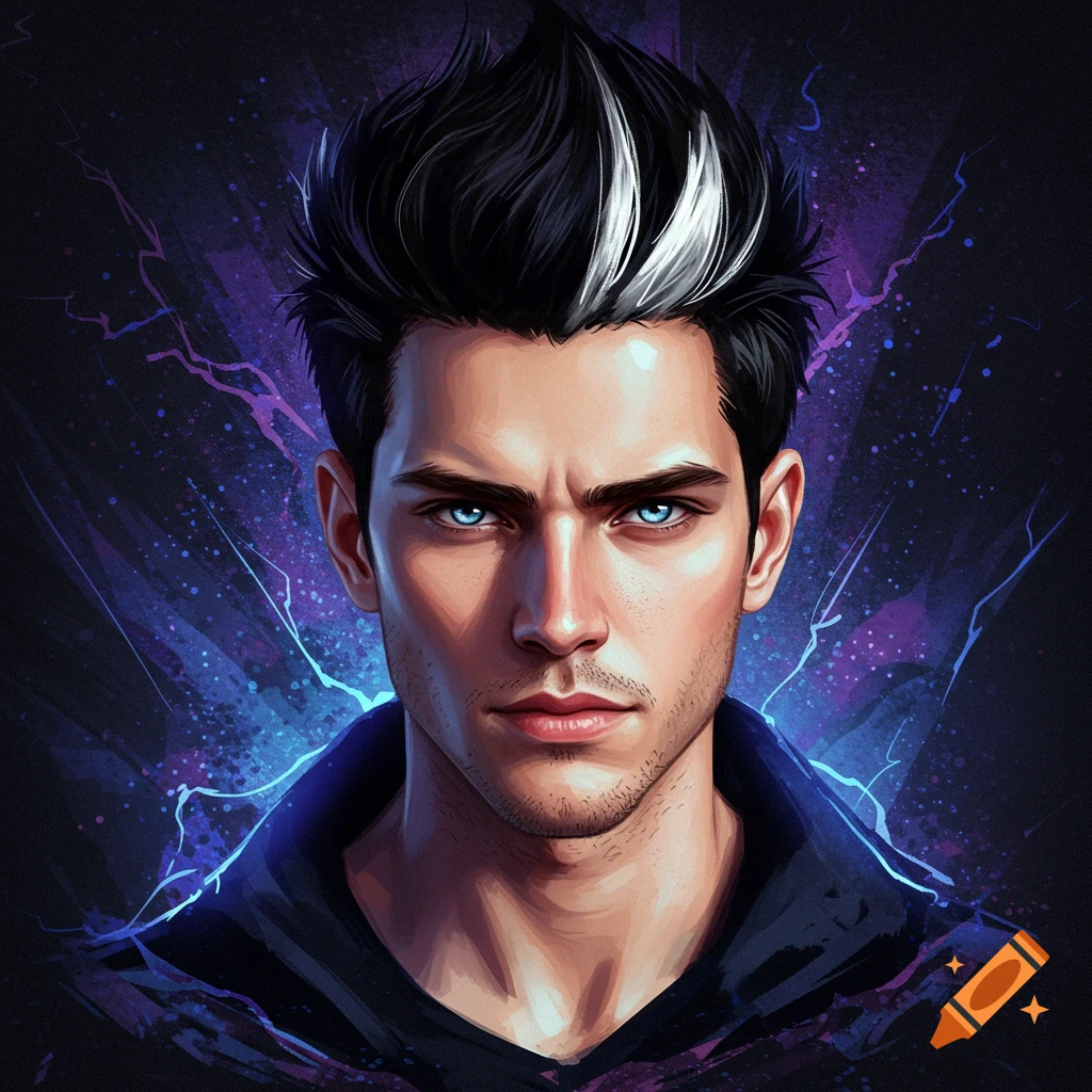 Close-up of a male with spiky black hair with white highlight, bright blue eyes, and a dark hoodie against a purple and blue background with lightning effects.