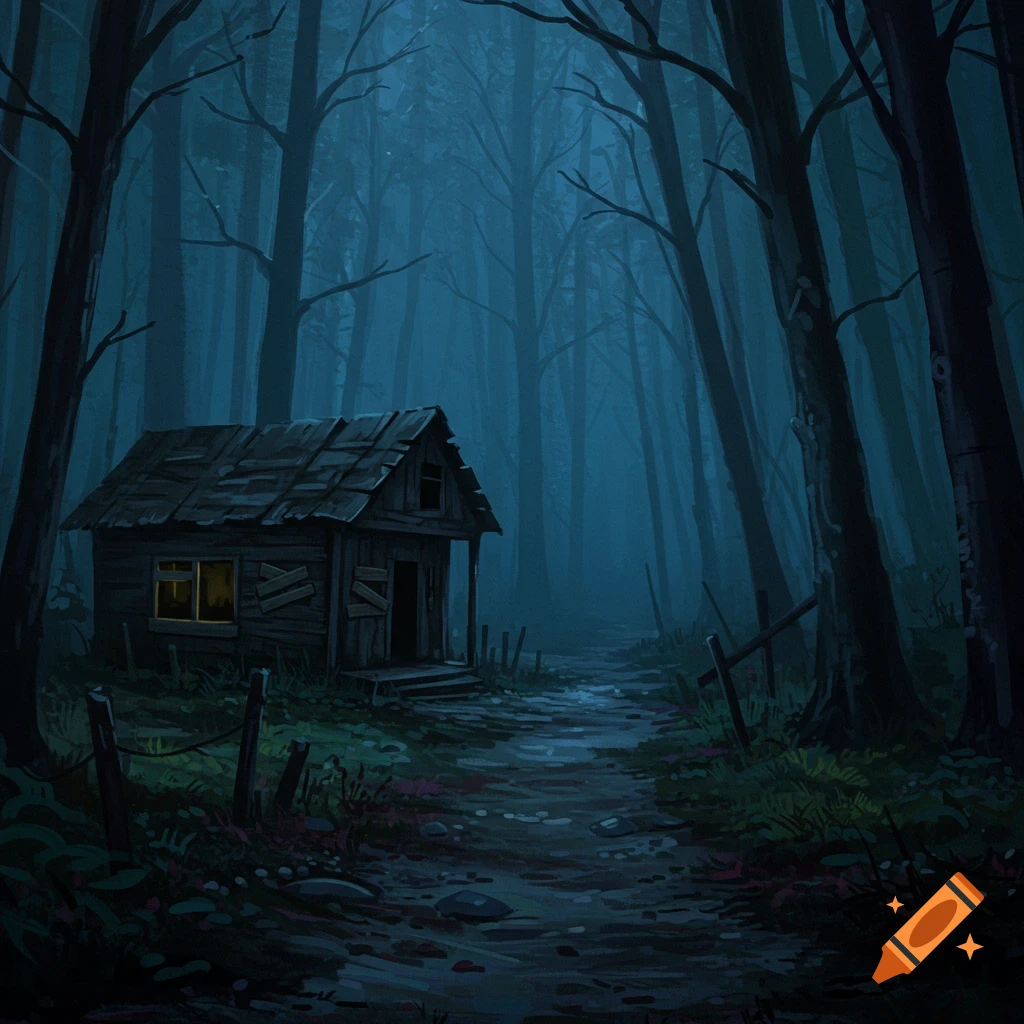 A rundown wooden shack in a dark, misty forest at night with a path leading to it.