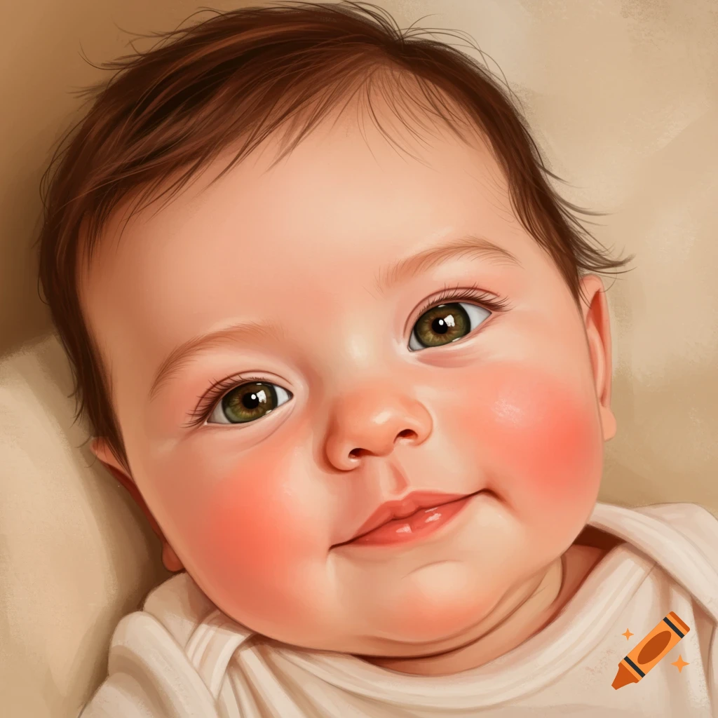 Portrait of a baby with rosy cheeks and green eyes
