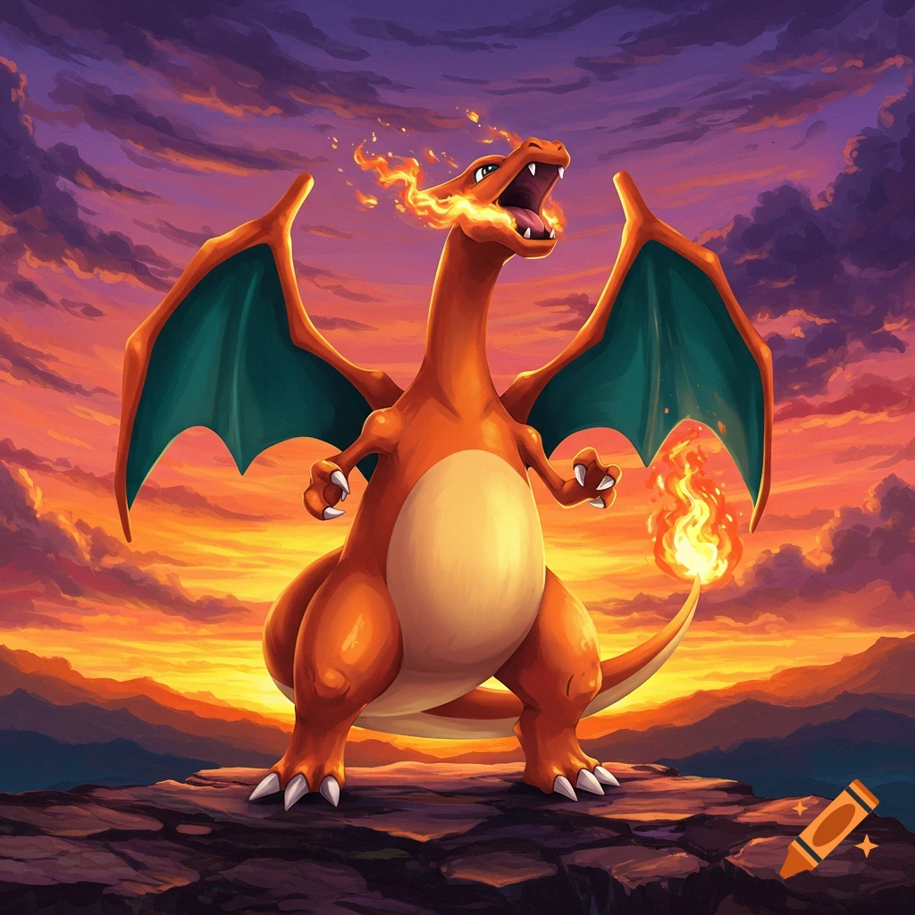 Charizard stands on a rock cliff breathing fire at sunset.