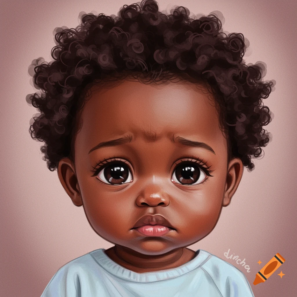 sad Black toddler with big, expressive eyes.