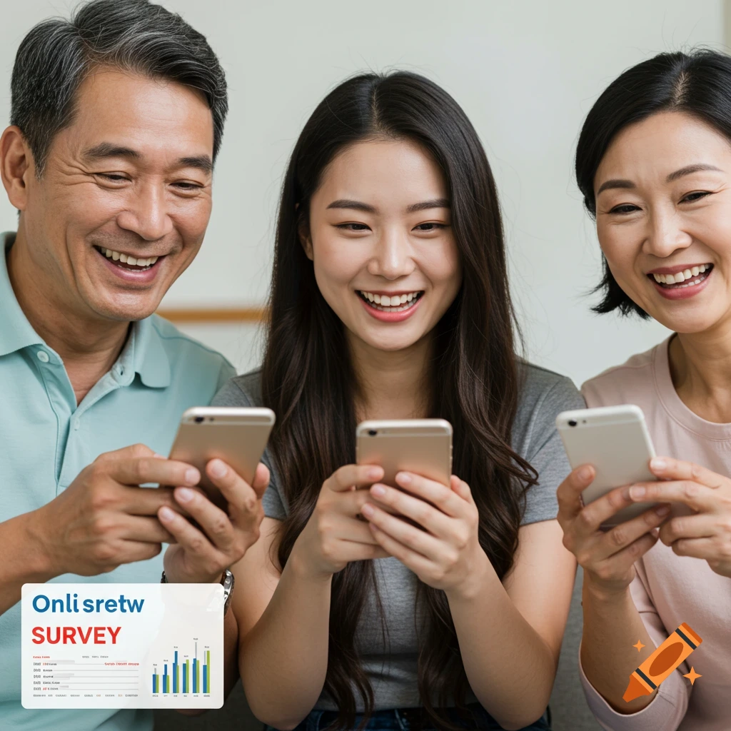 Three smiling people looking at smartphones with a graphic overlay.