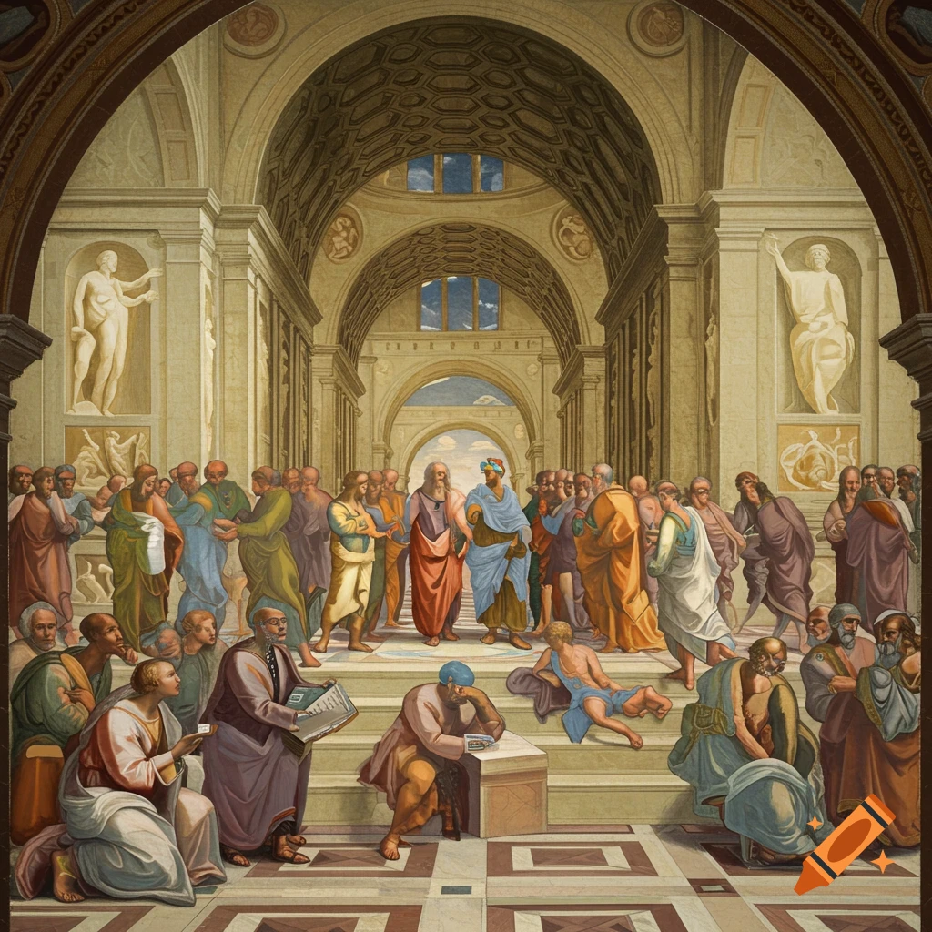 Painting of many robed figures gathered in a grand classical building