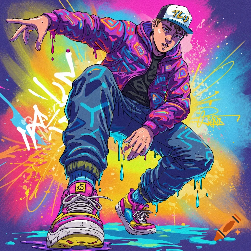 A person breakdancing in a vibrant street art style against a colorful background.