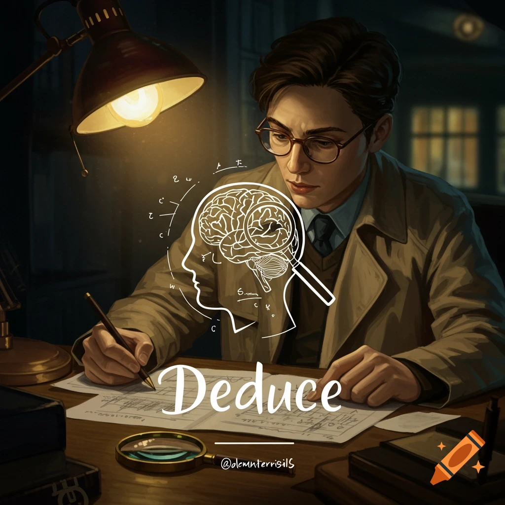 A man studying documents under a lamp, with a brain diagram and the word Deduce.