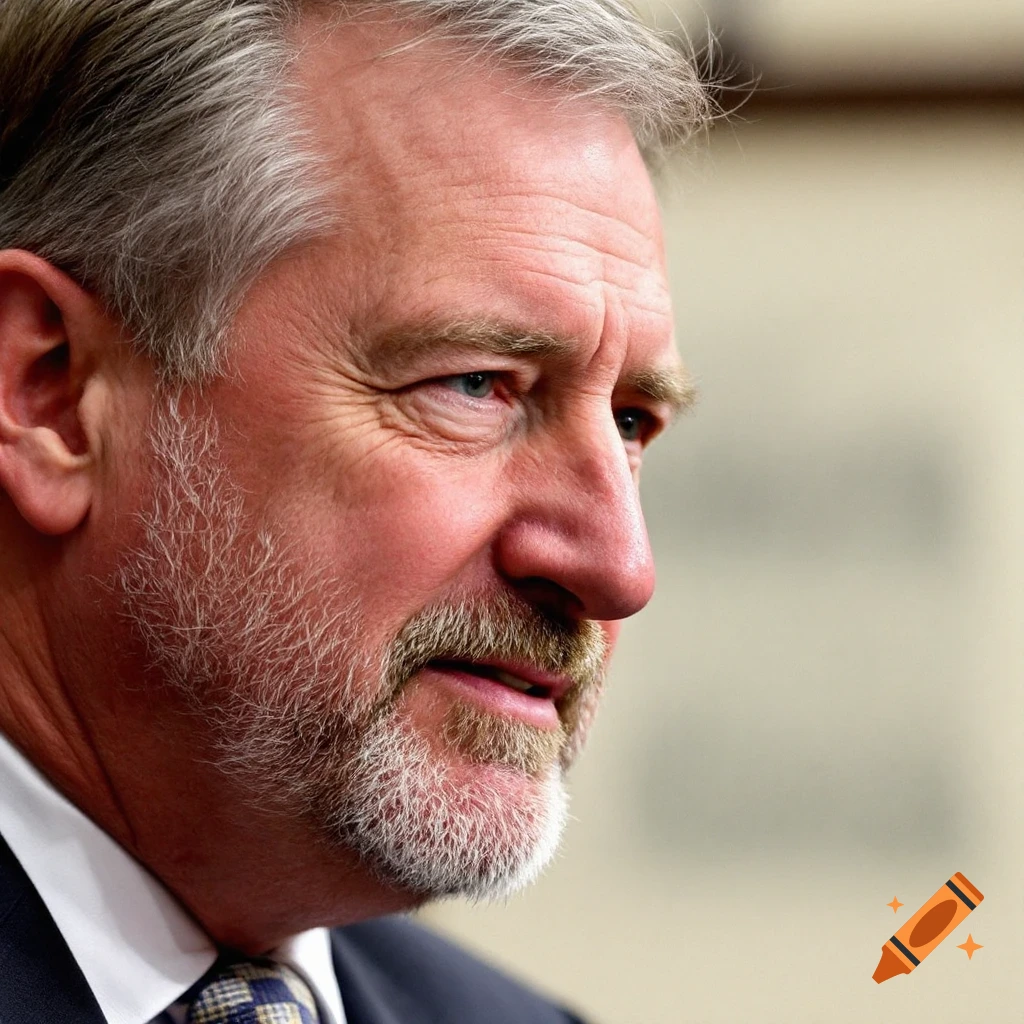 Close-up portrait of a man with gray hair and beard wearing a suit and tie, with a strained expression.