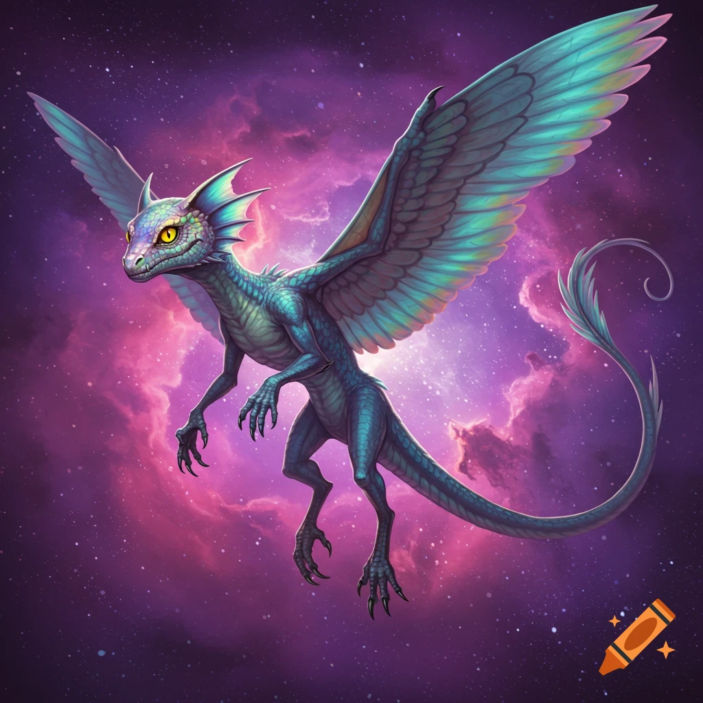 A stylized blue-green winged dragon creature with yellow eyes flies through a vibrant purple and pink nebula in space.