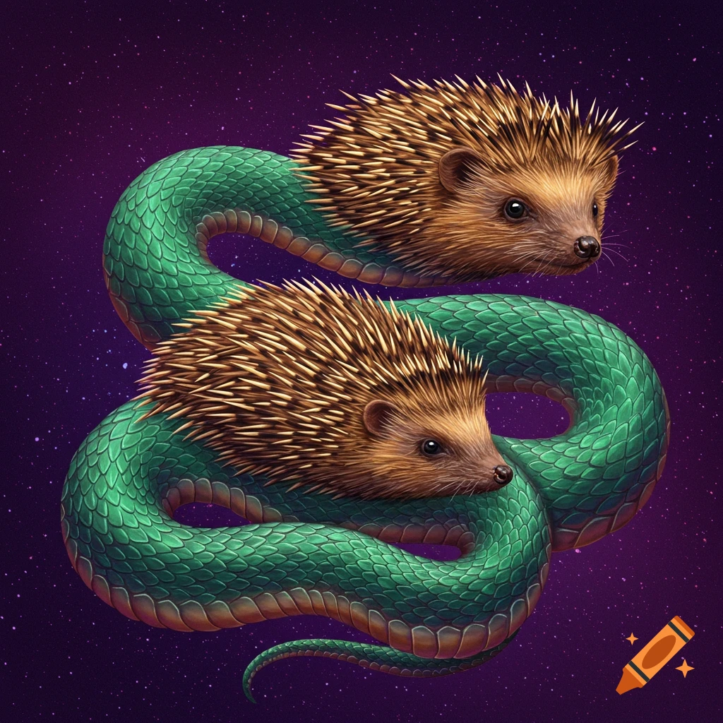 Two hedgehog heads on a green snake body coiled in an S shape against a purple starry background