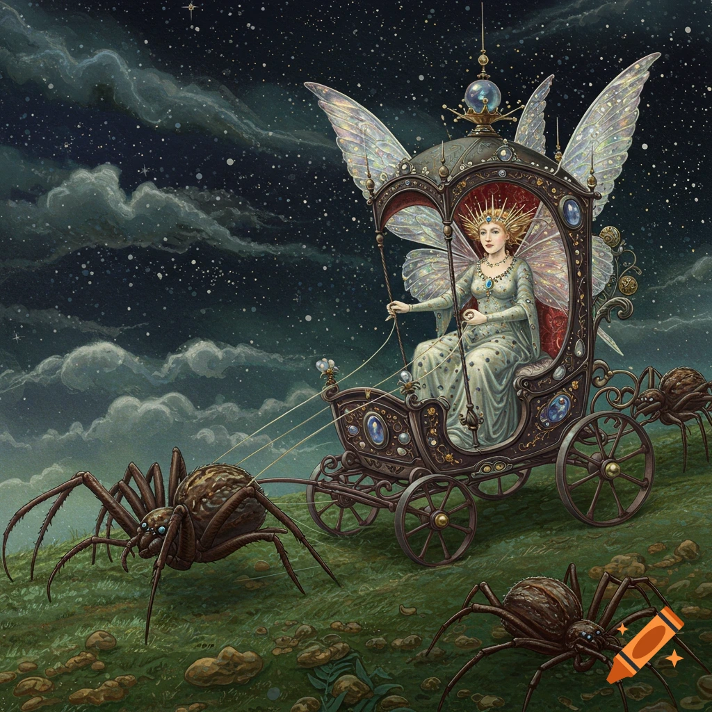 A fairy queen in a carriage pulled by spiders under a starry sky.