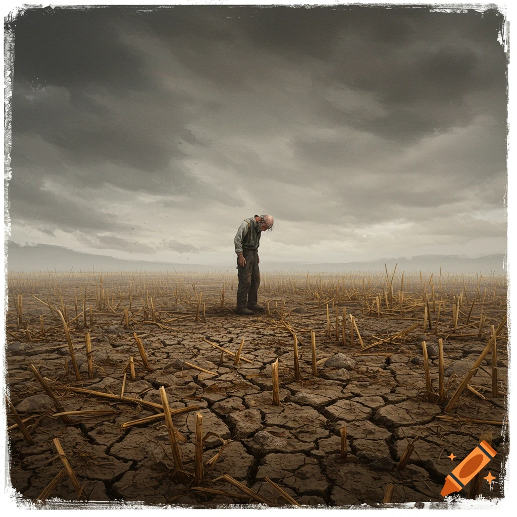 A solitary figure stands in a cracked, dry field under a stormy sky.