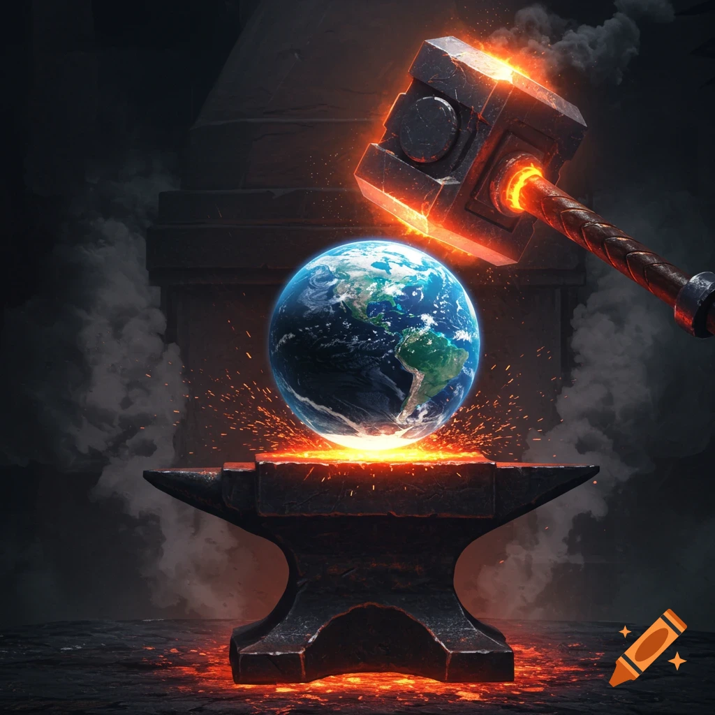 Planet Earth rests on an anvil as a glowing hammer is poised to strike it in a dark forge.